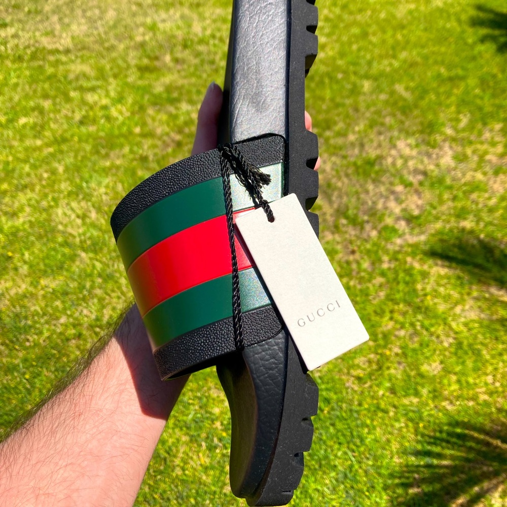 New Gucci Web Stripe Slide Sandals UK 12 US 13